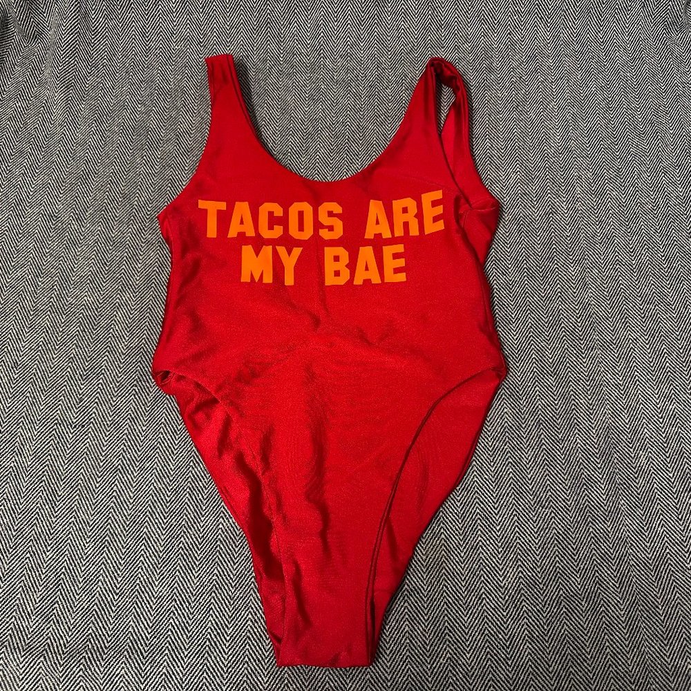 Red Graphic One-Piece Swim - "Tacos Are My Bae"